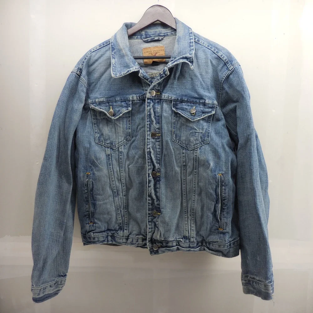 American Eagle Mens XXL Denim Trucker Jacket Blue Distressed Graphic 5922 TTG